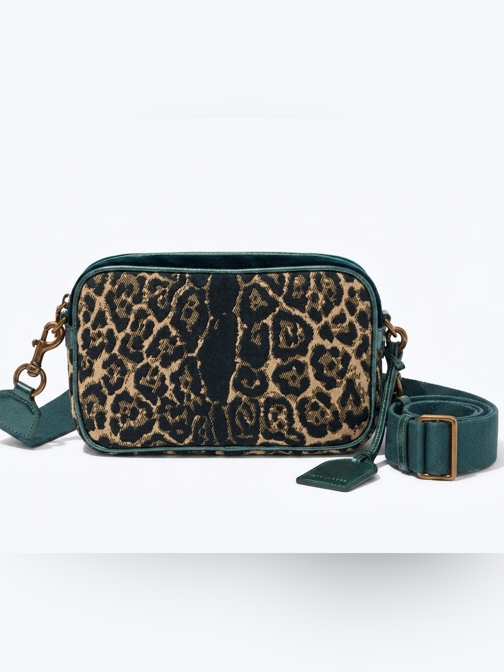 NWOT Kurt Geiger London Green & Leopard Print Jacquard Camera Crossbody Dust Bag - Picture 2 of 6